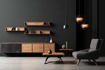Interior of modern living room black walls, concrete floor, comfortable brown armchair and bookcase.