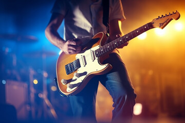 Obraz na płótnie Canvas Guitarist playing on electric guitar in nightclub, close-up