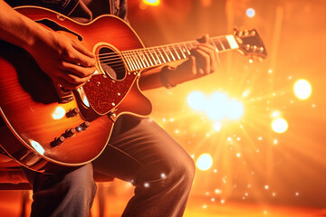 Obraz premium Guitarist playing on electric guitar in nightclub, close-up