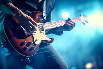 Guitarist playing on electric guitar in nightclub, close-up