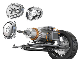 Exploded view of  Electric Vehicle Motor mounted on chassis. 3D rendering illustration.