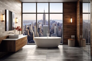 Bathroom interior with tile flooring, wooden wall, and panoramic window with a view of New York. White sink and bathtub. a mockup Toned picture.
