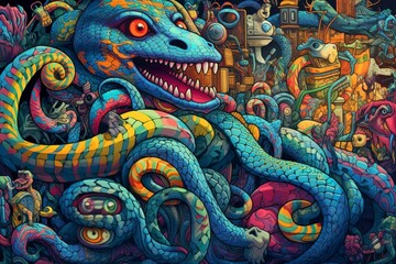 Fototapeta premium Illustration of vivid and psychedelic sankes. The background consists of a kaleidoscope of colors, enhancing the lively and whimsical atmosphere. Generative AI