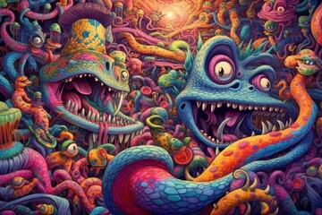 Fototapeta premium Illustration of vivid and psychedelic sankes. The background consists of a kaleidoscope of colors, enhancing the lively and whimsical atmosphere. Generative AI