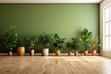 3d render of a living room interior with plants in pots.