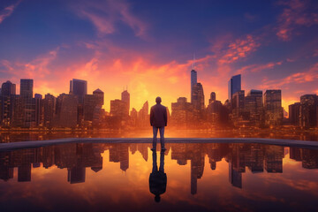 Fototapeta na wymiar Man looking at the skyscrapers of buildings City at sunset