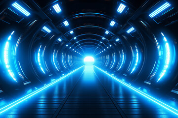 Futuristic corridor with glowing neon lights. 3D rendering.