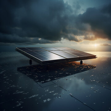 Solar panel under storm clouds. Sustainability renewable energy concept.