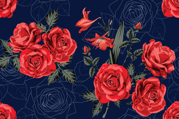 Seamless pattern red rose flowers vintage abstract background.Vector illustration drawing watercolor style.For used wallpaper, fabric pattern print design.
