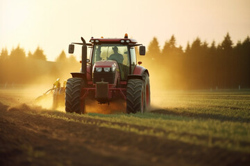 Tractor spraying pesticides on field with sprayer at sunset.