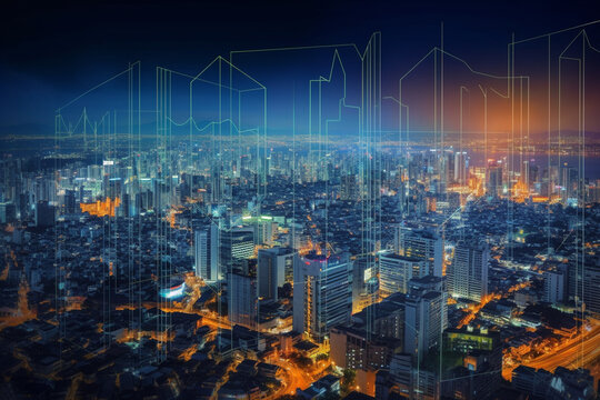 Double exposure of modern city at night. Business and technology concept.
