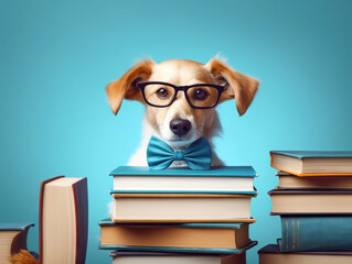 A funny dog, styled with glasses and surrounded by a pile of books, stands against a lively blue backdrop, exuding a quirky charm and love for knowledge.