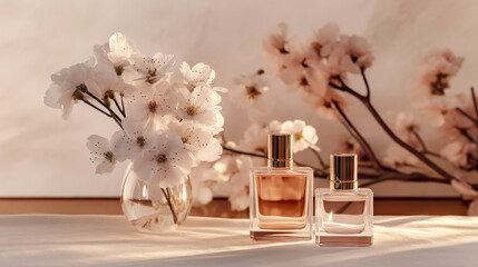 Fototapeta na wymiar An enchanting composition of stylish perfumes, featuring ornate bottles intertwined with delicate flowers, beautifully portrayed in a charming, blush-colored illustration.