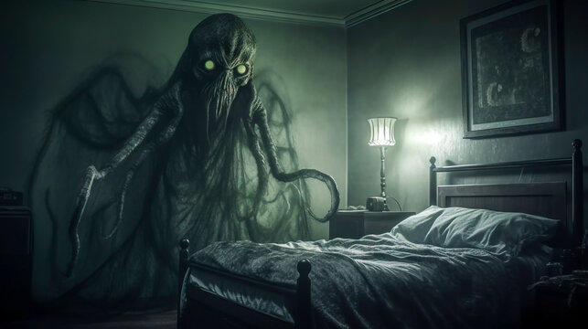 In a spooky Halloween illustration, a ghost hovers eerily in a bedroom, its ethereal form merging with the haunting atmosphere.