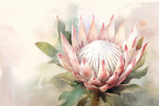 Watercolor painting of a protea flower on a watercolor background