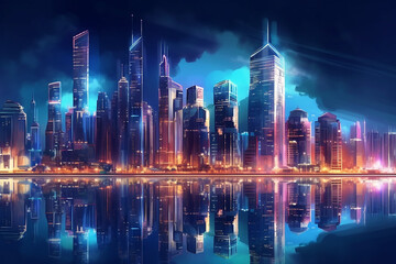 Night view of skyscrapers in futuristic illustration
