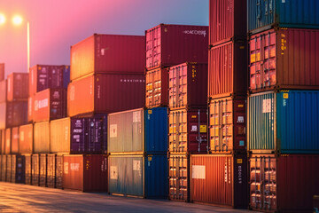 Fototapeta premium Cargo containers in a port at night. 3D Rendering