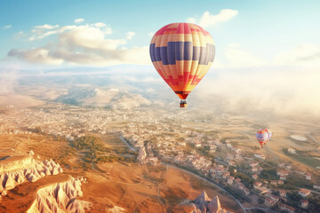 Hot air balloon flying over Cappadocia, Turkey.
