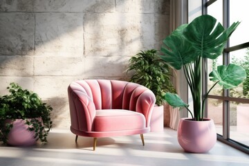 A modern living area with a pink armchair, a plant, and a coffee table covered with flowers. Mockup of the interior of the living room. Stylish modern space with lots of natural light.