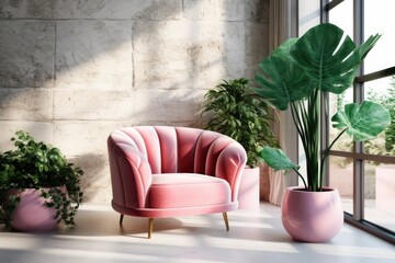 Fototapeta premium A modern living area with a pink armchair, a plant, and a coffee table covered with flowers. Mockup of the interior of the living room. Stylish modern space with lots of natural light.