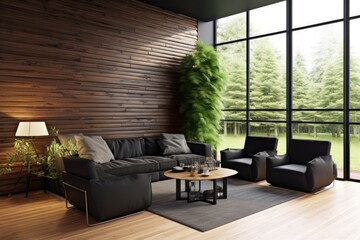 Interior of a contemporary living room with black and wood walls, a panoramic window, a big TV, and a sofa next to a coffee table. a mockup