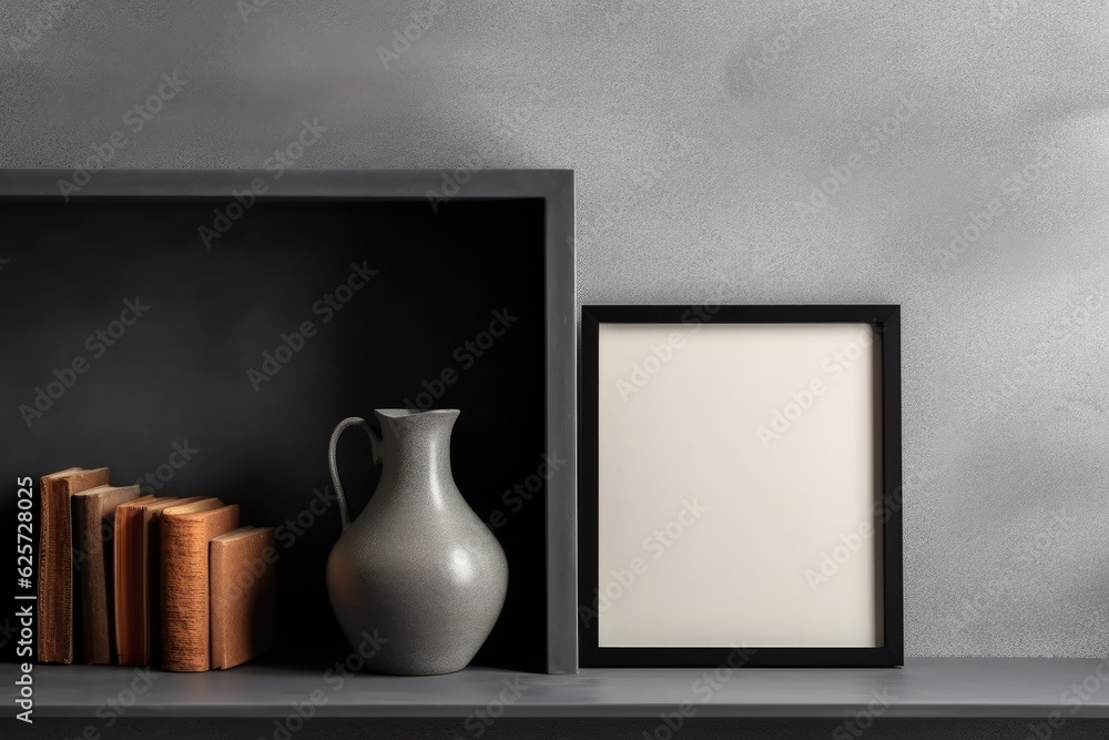 Aufkleber grey shelf with a black picture frame leaning on it. template for a blank mockup background in a squ