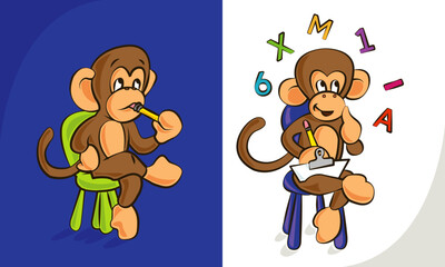 Ape character writing and thinking with numbers and letters_vector ilustration