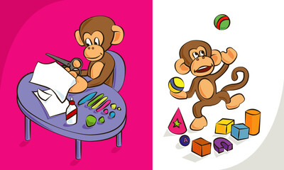 Ape character cutting paper with scissors and playing with balls and figures_ilustration vector