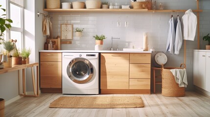 Photo of washing machine standing in a laundry room in a modern minimalist home - obrazy, fototapety, plakaty