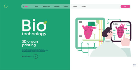 Bio Technology, 3D organ printing -modern flat vector concept illustration of 3D printer creating a human heart. Metaphor of technology in organ transplantation and the future of regenerative medicine