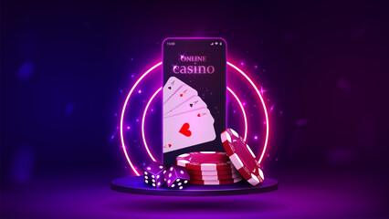 A concept for a website with a smartphone with chips, dice and poker cards on a podium with a bright purple neon frame. Mobile phone on the platform.