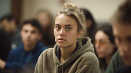 Close-up shot of a female student listening to a lecture at the university