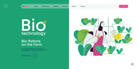 Bio Technology, Robot on farm -modern flat vector concept illustration of bio-robot engaged in agricultural activities. Metaphor of robotics and biotechnology integration, efficiency, sustainability