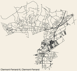 Fototapeta na wymiar Detailed hand-drawn navigational urban street roads map of the CLERMONT-FERRAND-6 CANTON of the French city of CLERMONT-FERRAND, France with vivid road lines and name tag on solid background