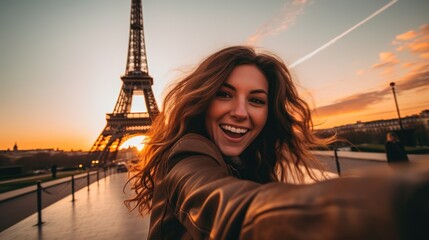 Young beautiful woman taking selfie in front of the Eiffel tower