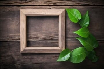 Green leaves and an empty picture frame on a wooden background.