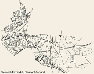 Detailed hand-drawn navigational urban street roads map of the CLERMONT-FERRAND-2 CANTON of the French city of CLERMONT-FERRAND, France with vivid road lines and name tag on solid background