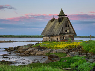 Church on the White Sea bank near Rabocheostrovsk, Russia, June 2019