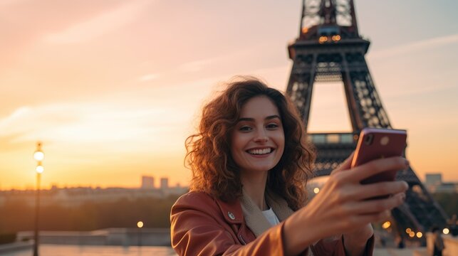 Young beautiful woman taking selfie in front of the Eiffel tower