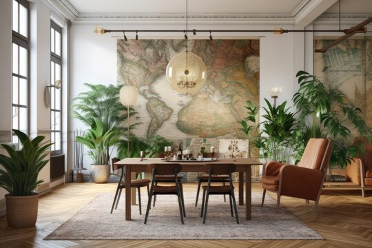 Interior of a chic and eclectic dining area with a mock-up poster map, chairs that share a table, a gold pedant lamp, and an excellent sofa in the second room. Wooden parquet, white walls. Vase with