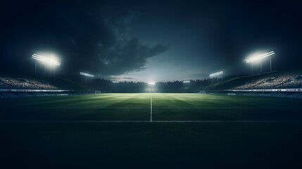 Overview of a soccer field at night.