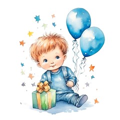 Fototapeta na wymiar watercolor image of a little boy with a gift and blue balloons in a childish cartoon style on a white background. generated ai