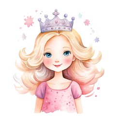 Fototapeta premium watercolor portrait of cute cartoon princess, clipart blond girl in pink dress. generated ai