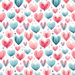 cute seamless pattern of watercolor light blue and pink hearts. generated ai