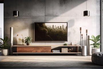 Space for a modern TV in a modern workplace or residence. Design concept with a concrete wall, wooden parquet, photo frames, a table lamp, and a plant