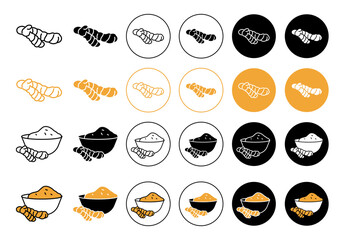 Turmeric icon set. ginger root powder line vector symbol in black and yellow color.