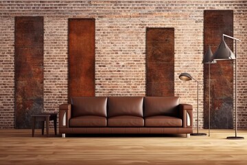 In the inside of a living room with a brown leather couch, carpet, floor lamp, and coffee table on hardwood flooring, there are three blank vertical posters on a white brick wall.