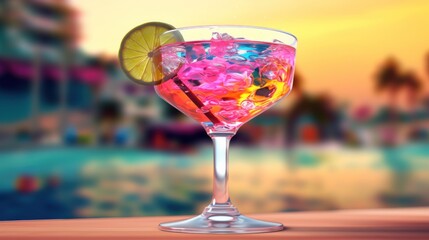 Glass of refreshing summer cocktail on the beach with blurred sea shore background. Tropical lemon and lime cocktail with ice cubes and whiskey on sunny background. Made With Generative AI.