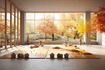 Zen garden, autumn tree, falling leaves, vacant yoga studio, open area with mats and equipment, wooden table top or shelf with aromatic sticks bottles,