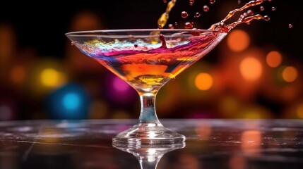 Alcoholic Cocktail isolated on a bar counter background. Colorful Alcoholic Cocktail with a copy space. Splash. Colorful Alcoholic Cocktail with Fruits and Berries. Drinks. Made With Generative AI.